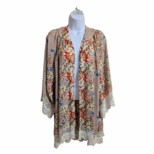 Umgee Taupe Floral Multicolor Oversized Kimono Open Front Lace Flowy Boho S/M